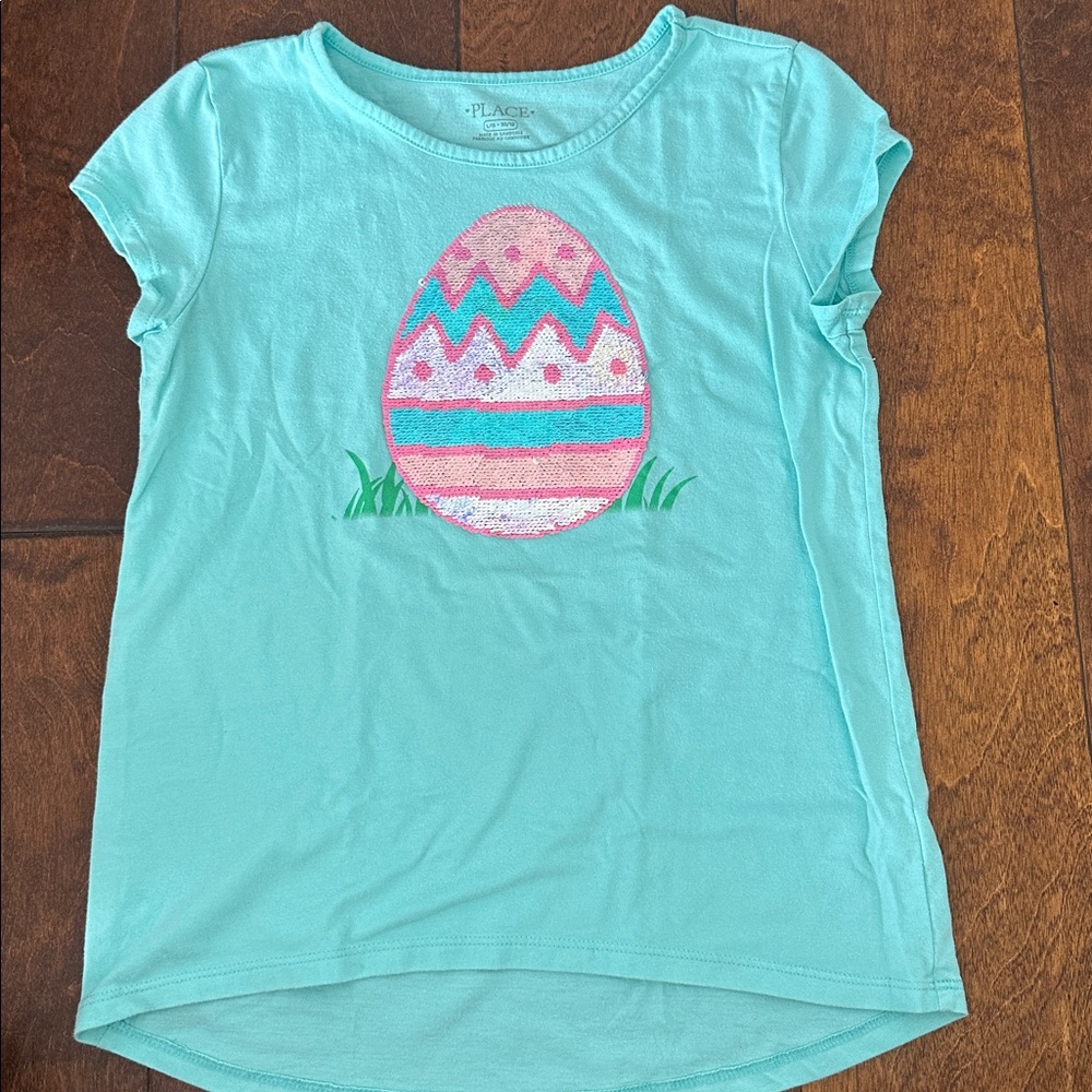 The Children’s Place Girls Flip Sequin Spring Easter Bunny/Egg Aqua Shirt